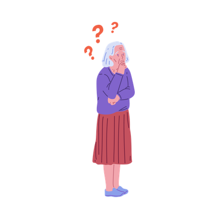 Mulher idosa com pontos de interrogação indicando perda de memória  Illustration