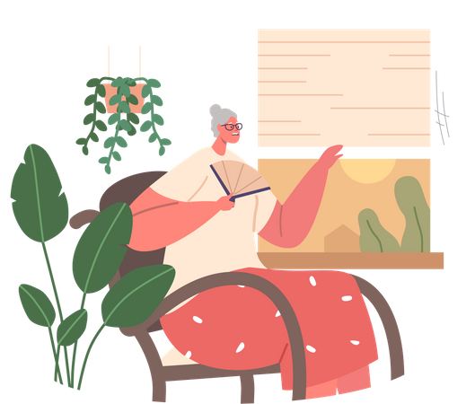 Mulher idosa combate o calor dentro de casa  Ilustração