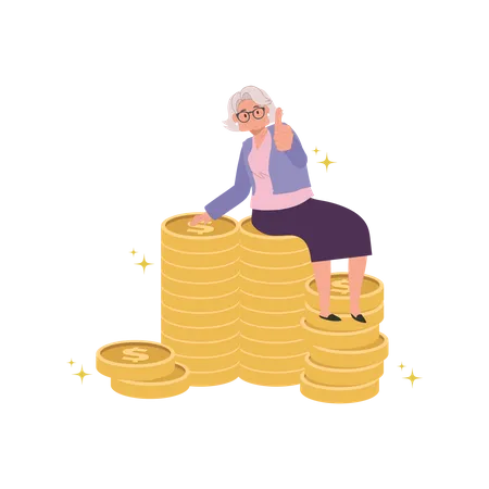 Mulher idosa desiste da pilha de moedas  Ilustração