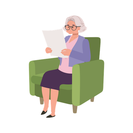 Mulher idosa desfrutando de uma leitura tranquila de jornal no sofá aconchegante  Ilustração