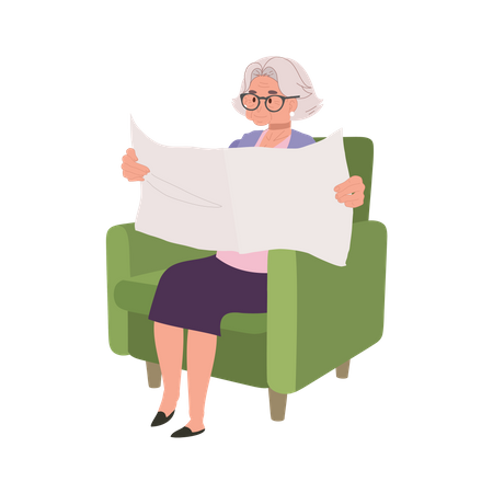 Mulher idosa desfrutando de uma leitura tranquila de jornal no sofá aconchegante  Ilustração