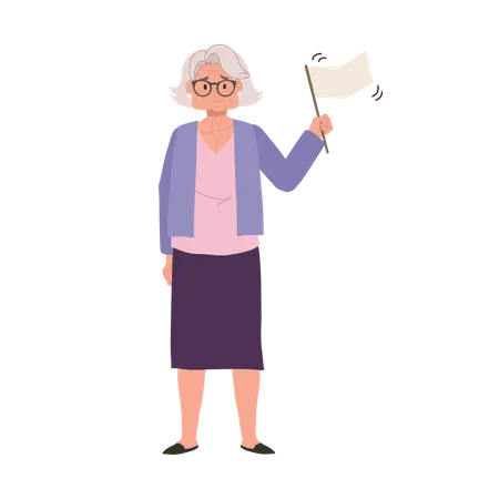 Mulher idosa emocional com bandeira branca na aposentadoria  Ilustração