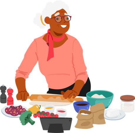 A mulher idosa está cozinhando comida  Ilustração