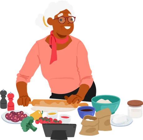 A mulher idosa está cozinhando comida  Ilustração