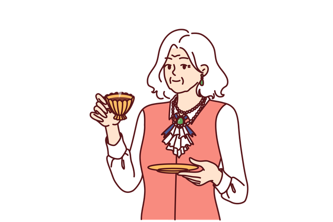 A mulher idosa está apreciando seu chá quente na xícara dourada  Ilustração