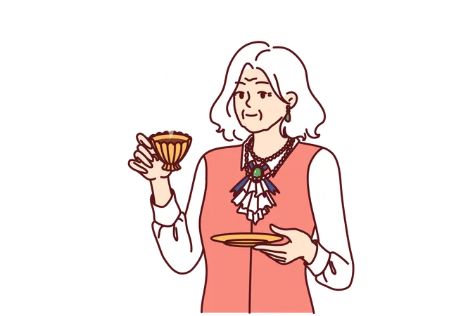 A mulher idosa está apreciando seu chá quente na xícara dourada  Ilustração