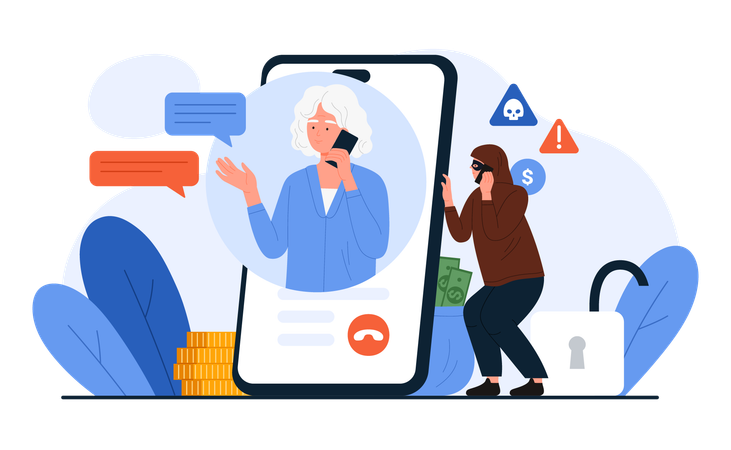 Mulher idosa falando com golpista no celular  Ilustração