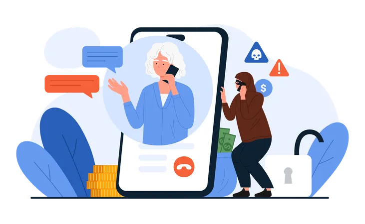 Mulher idosa falando com golpista no celular  Ilustração