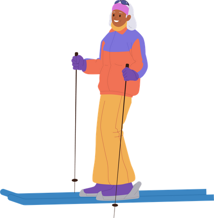 Mulher idosa feliz gostando de esquiar na montanha  Ilustração