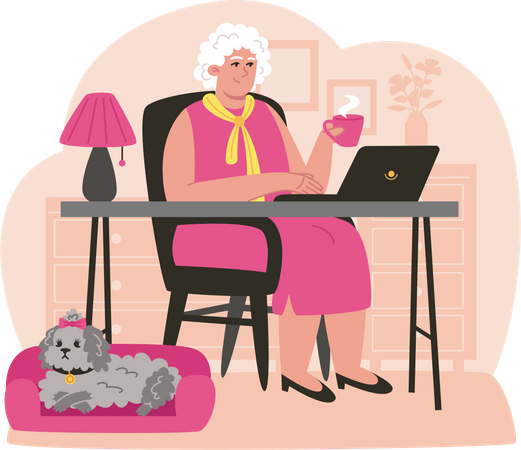 Mulher idosa feliz trabalha no laptop  Ilustração