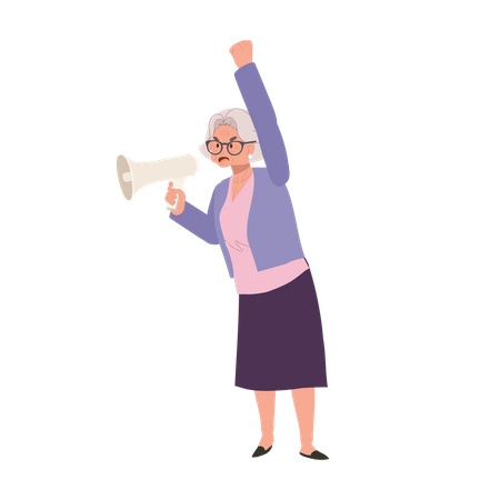 Mulher idosa liderando protesto apaixonado com megafone  Ilustração