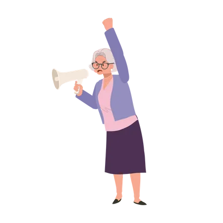 Mulher idosa liderando protesto apaixonado com megafone  Ilustração