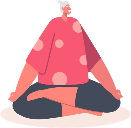 Mulher mais velha meditando em pose de lótus  Ilustração