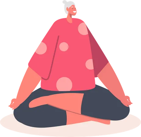 Mulher mais velha meditando em pose de lótus  Ilustração