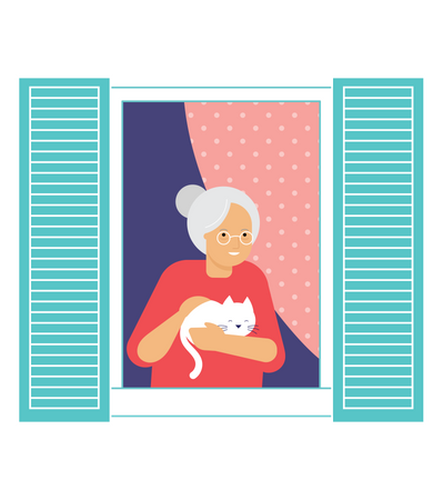 Mulher idosa parada na janela com seu gato  Ilustração