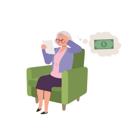 Mulher idosa preocupada e estressada com contas e finanças  Ilustração