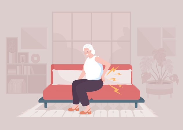 Mulher idosa que sofre de dor lombar  Ilustração