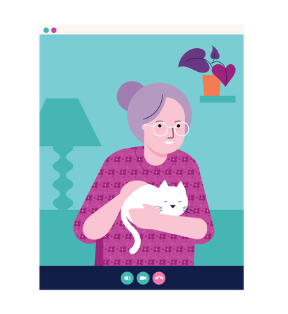 Mulher idosa segurando um gato na mão e conversando em videochamada  Ilustração