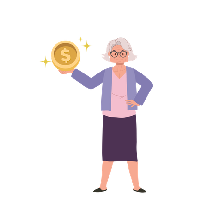 Mulher idosa segurando uma moeda  Ilustração