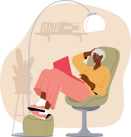 Mulher idosa sentada e lendo livro  Ilustração