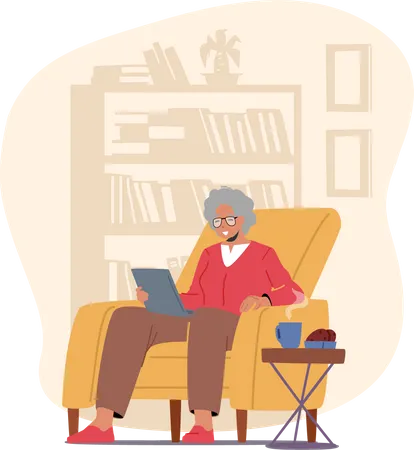 Mulher mais velha sentada na cadeira  Ilustração