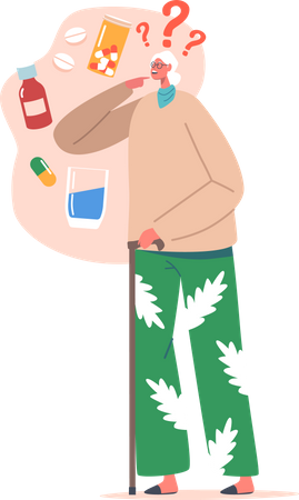 Mulher idosa tentando se lembrar de medicamentos  Illustration