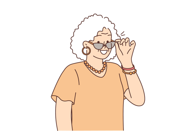 Mulher idosa usa óculos de proteção da moda  Ilustração
