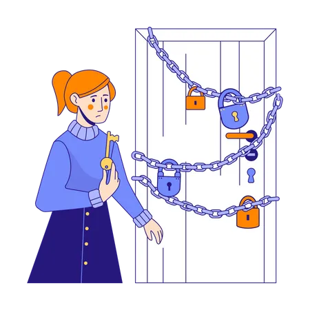 Mulher não consegue destrancar a porta devido à chave incorreta  Ilustração