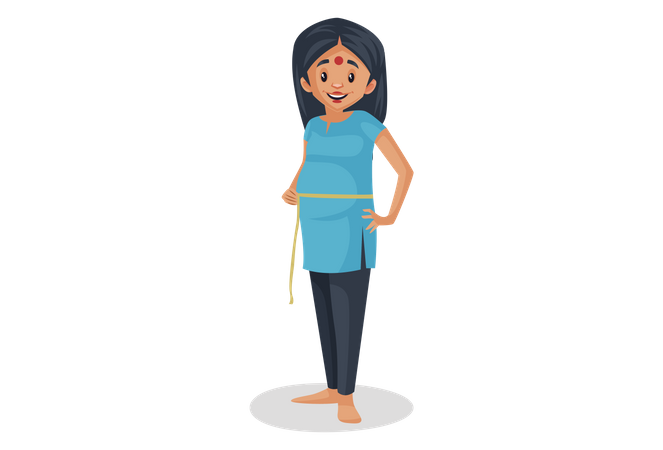 Mulher indiana medindo cintura usando fita adesiva  Ilustração