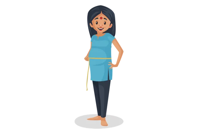 Mulher indiana medindo cintura usando fita adesiva  Ilustração