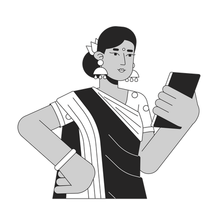 Mulher indiana olhando no smartphone  Ilustração