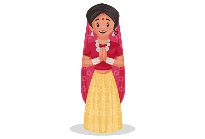Mulher indiana do Rajastão em pé em pose de boas-vindas  Ilustração