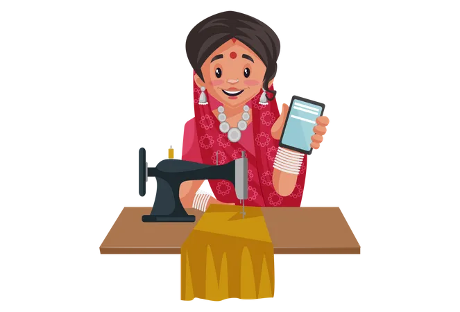 Mulher indiana do Rajastão segurando celular e trabalhando na máquina de costura  Ilustração