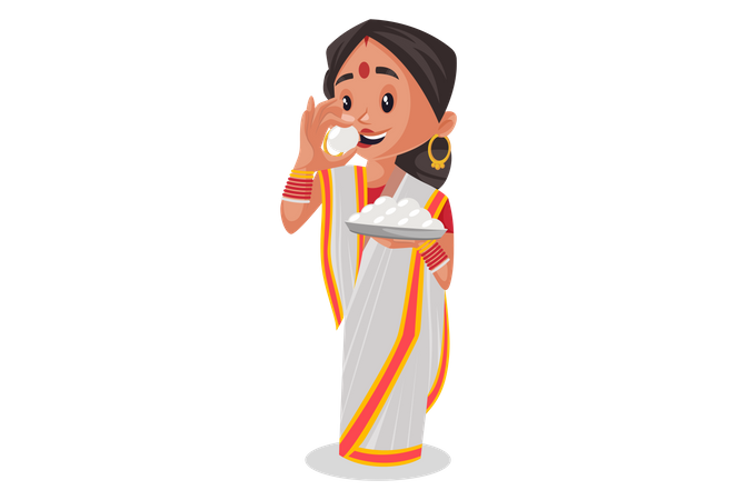 Mulher indiana segurando doce indiano no prato e comendo  Ilustração