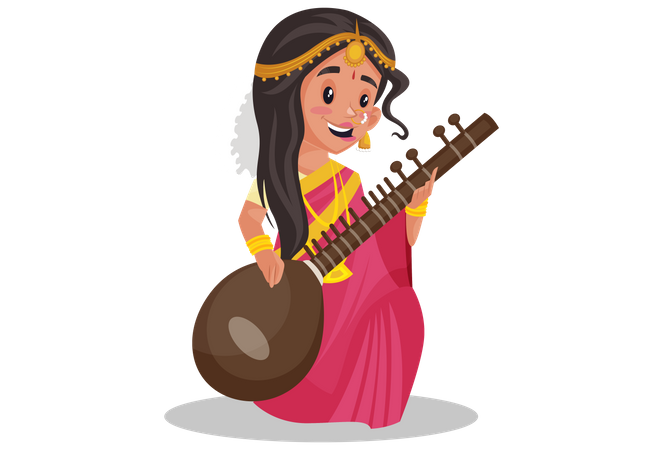 Mulher tamil indiana tocando veena  Ilustração
