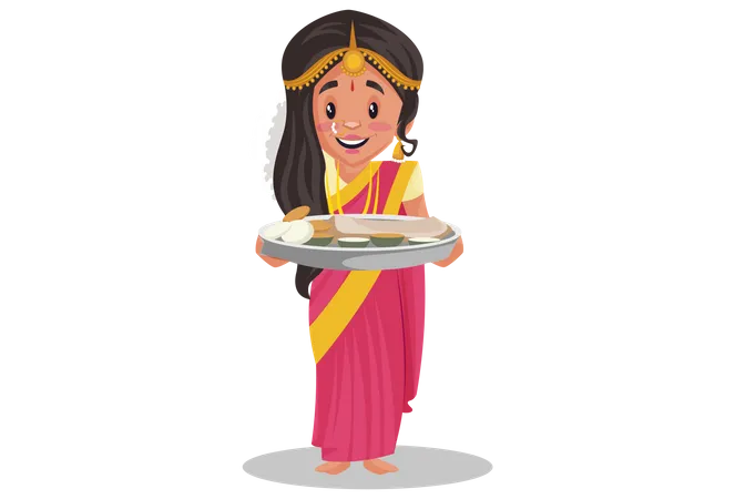 Mulher tamil indiana segurando o prato de comida na mão  Ilustração