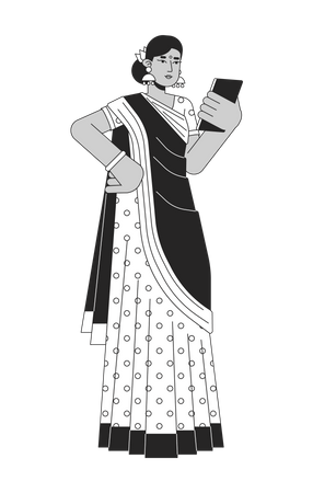 Mulher indiana em sari usando gadget  Ilustração
