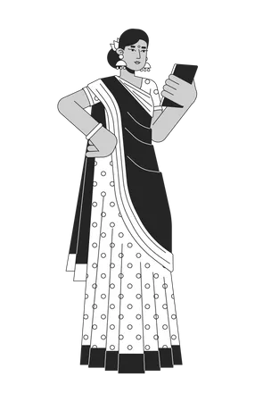 Mulher indiana em sari usando gadget  Ilustração