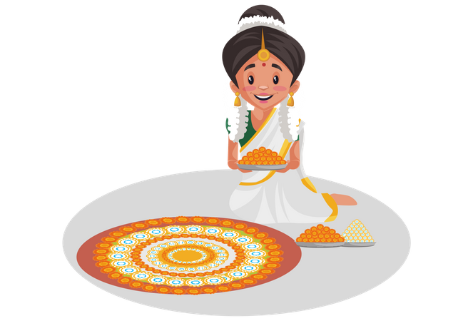 Mulher indiana Malayali decorando o chão com flores  Ilustração