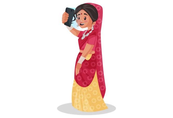 Mulher indiana do Rajastão tirando selfie  Ilustração