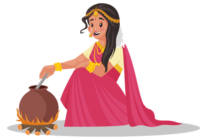 Mulher tamil indiana cozinhando comida  Ilustração