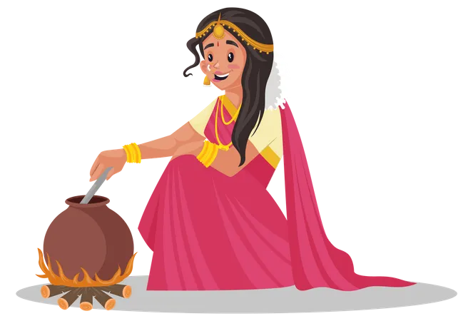 Mulher tamil indiana cozinhando comida  Ilustração