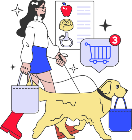 Mulher indo às compras com cachorro  Ilustração