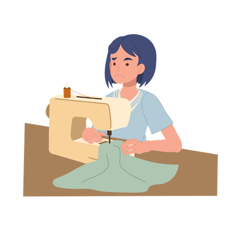 Mulher iniciante costurando com máquina e parecendo confusa  Ilustração