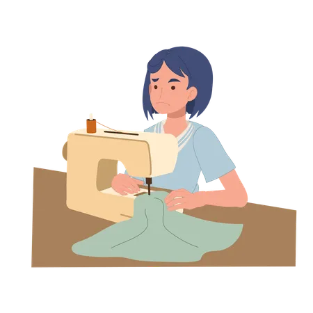 Mulher iniciante costurando com máquina e parecendo confusa  Ilustração