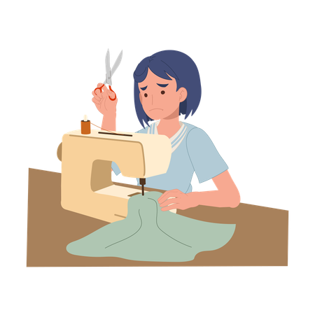 Mulher iniciante costurando com máquina e parecendo confusa  Ilustração