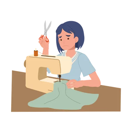 Mulher iniciante costurando com máquina e parecendo confusa  Ilustração