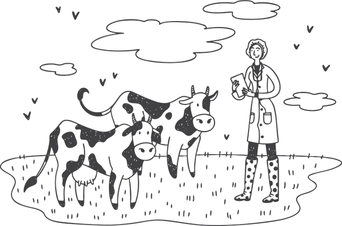 Mulher inspetora cuidando de vaca  Ilustração