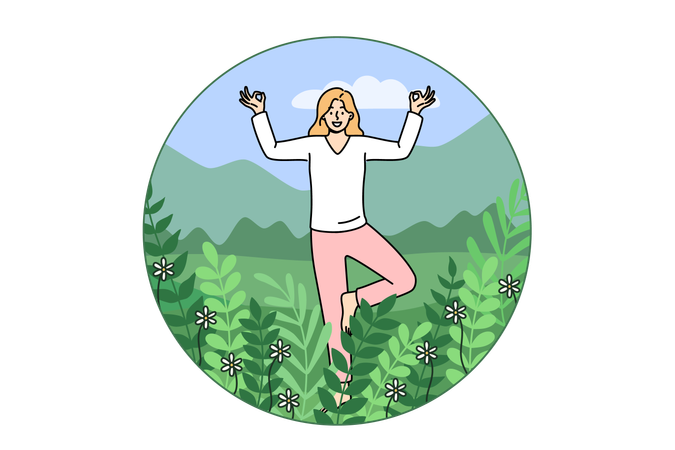 Mulher introvertida medita e se sente confortável estando segura dentro de uma bolha com plantas verdes  Ilustração