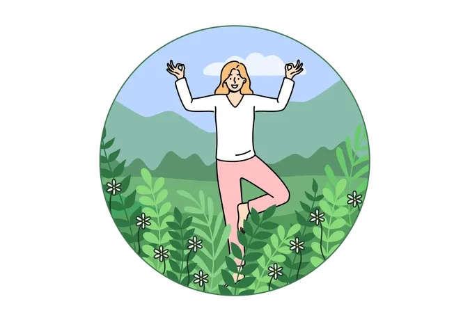 Mulher introvertida medita e se sente confortável estando segura dentro de uma bolha com plantas verdes  Ilustração